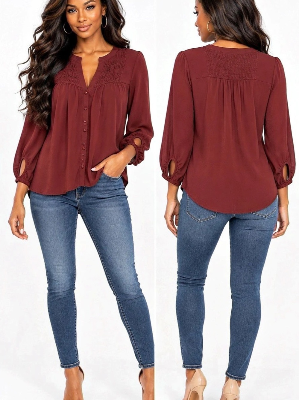 MAEVE Burgundy Ruched Neck Blouse Like New